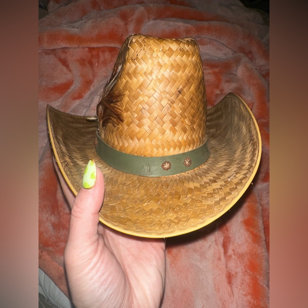 Hand Woven Straw Cowboy Hat Green Leather Band Featuring Feathers - Picture 5 of 15